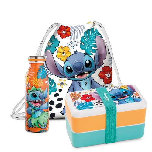 STITCH - Zestaw - Butelka + Lunch Box + Woreczek strunowy