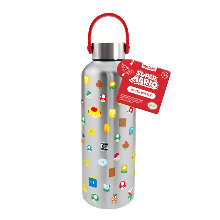 SUPER MARIO - Symbole - Metalowa butelka na wodę z pętlą do przenoszenia - 500 ml