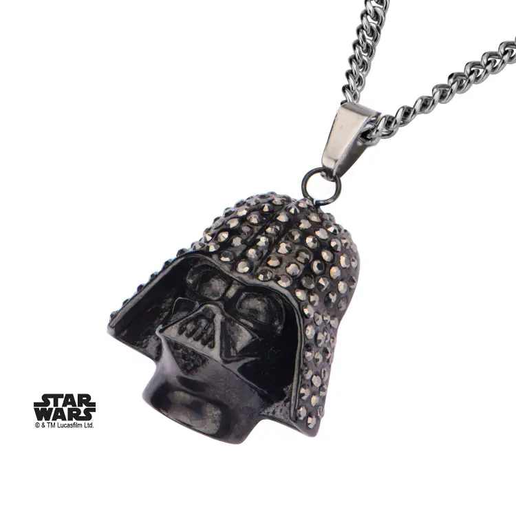 STAR WARS - Czarny, platerowany PVD łańcuszek z wisiorkiem Darth Vader z przezroczystym klejnotem