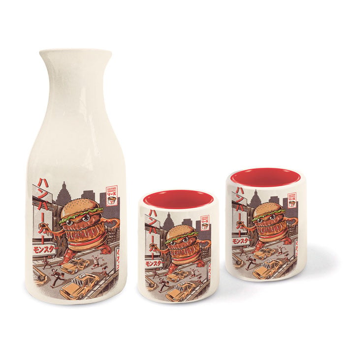 JAPOŃSKI STYL - Burgerzilla - Butelka Sake i 2 kubki do Sake