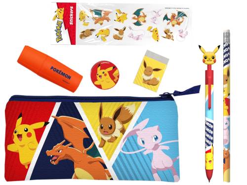 POKEMON - Zestaw artykułów piśmiennych z potrójnym piórnikiem i naklejkami - 7 szt.