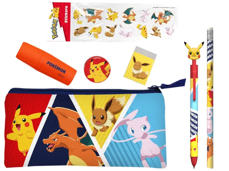POKEMON - Zestaw artykułów piśmiennych z potrójnym piórnikiem i naklejkami - 7 szt.