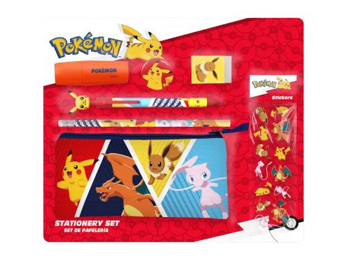POKEMON - Zestaw artykułów piśmiennych z potrójnym piórnikiem i naklejkami - 7 szt.