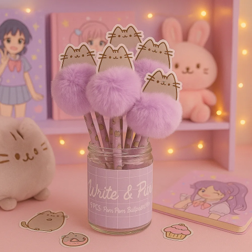 PUSHEEN - Pudełko 10 długopisów z pomponami