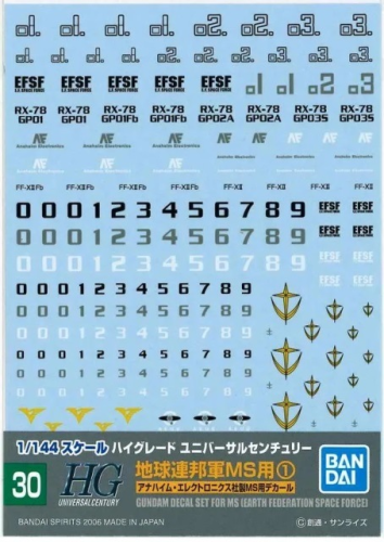 Bandai Model Kit - GUNDAM - GUNDAM DECAL 30 - HGUC Multiuse Earth Federation 1