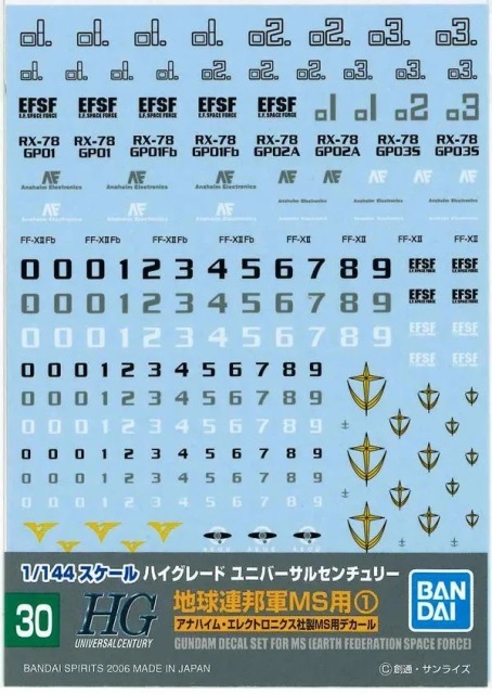 Bandai Model Kit - GUNDAM - GUNDAM DECAL 30 - HGUC Multiuse Earth Federation 1