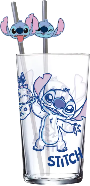 Stor - STITCH - Set of Premium XXL Glass 16oz + Twin Metal Straw