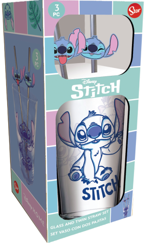 Stor - STITCH - Set of Premium XXL Glass 16oz + Twin Metal Straw