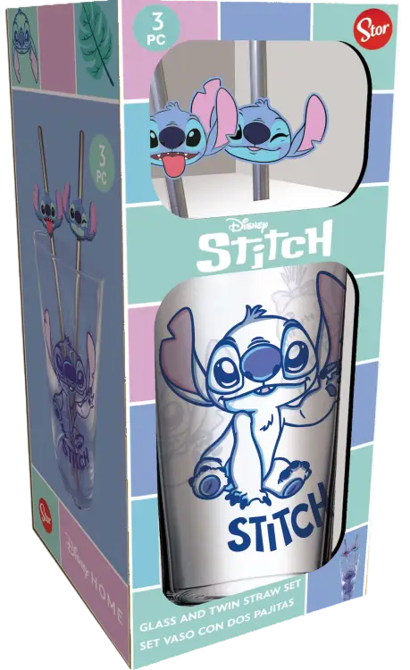 Stor - STITCH - Set of Premium XXL Glass 16oz + Twin Metal Straw